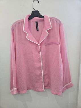 Pink Satin-Style Button-Up Pajama Shirt with White Piping